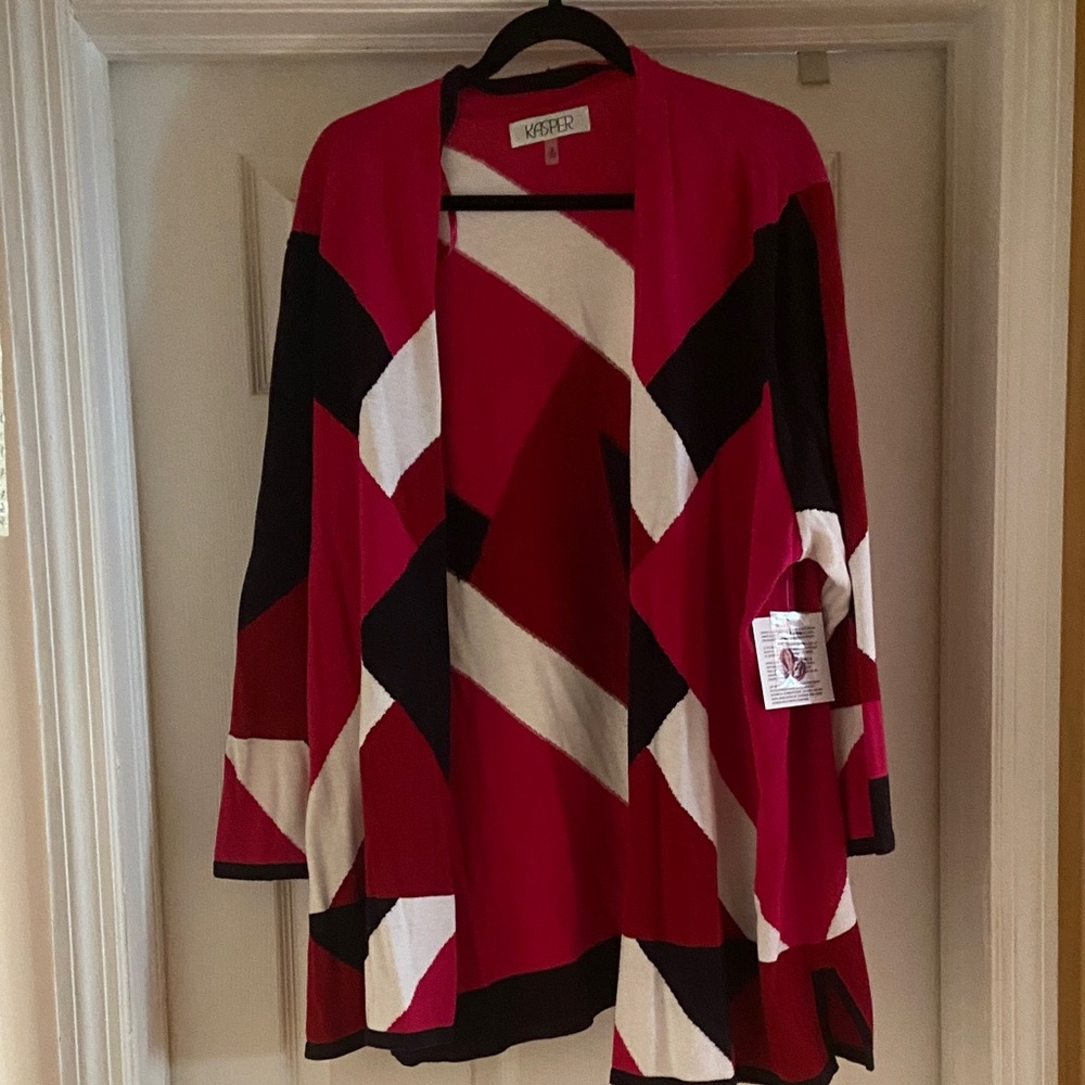 Red Black White Open Front Cardigan